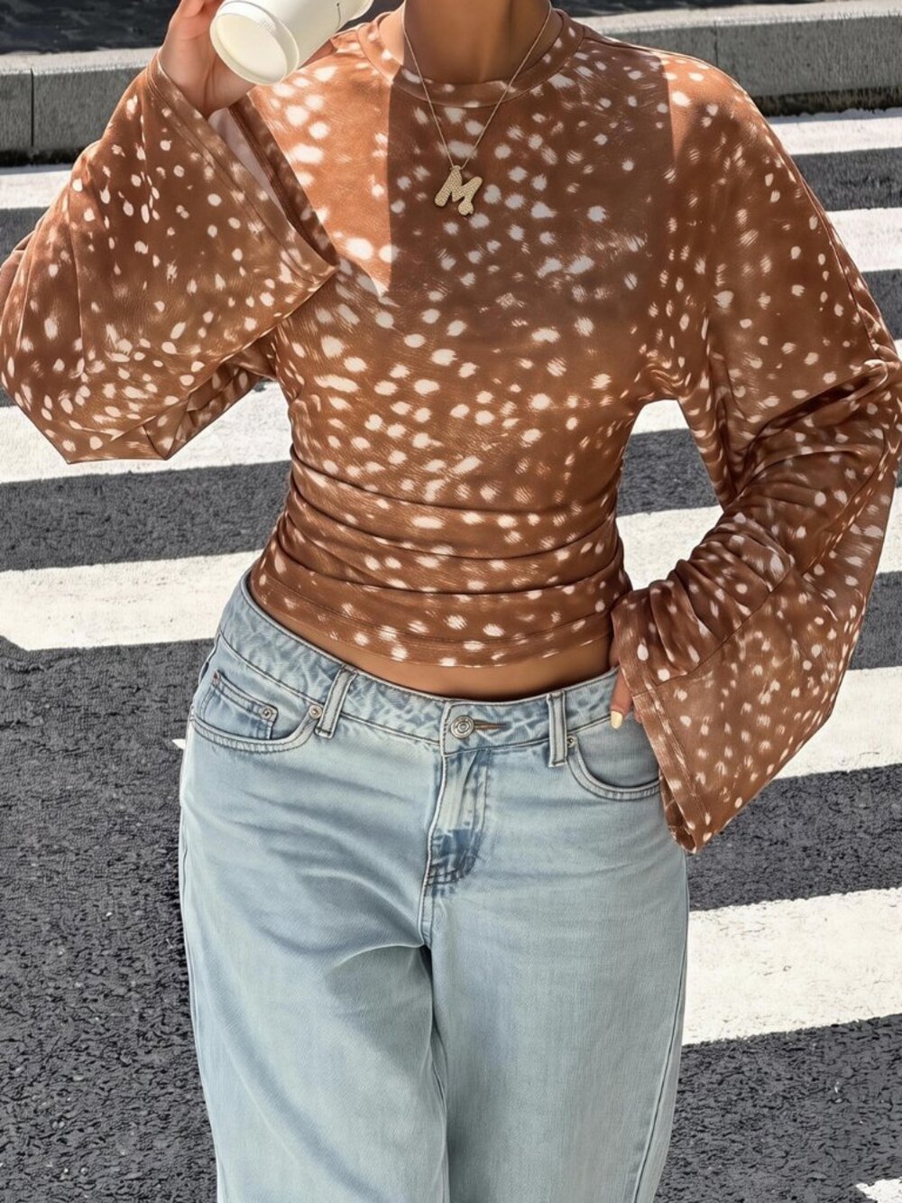 Brown & White Preppy Women's Deer Print Sheer Ruched Batwing Sleeve Top